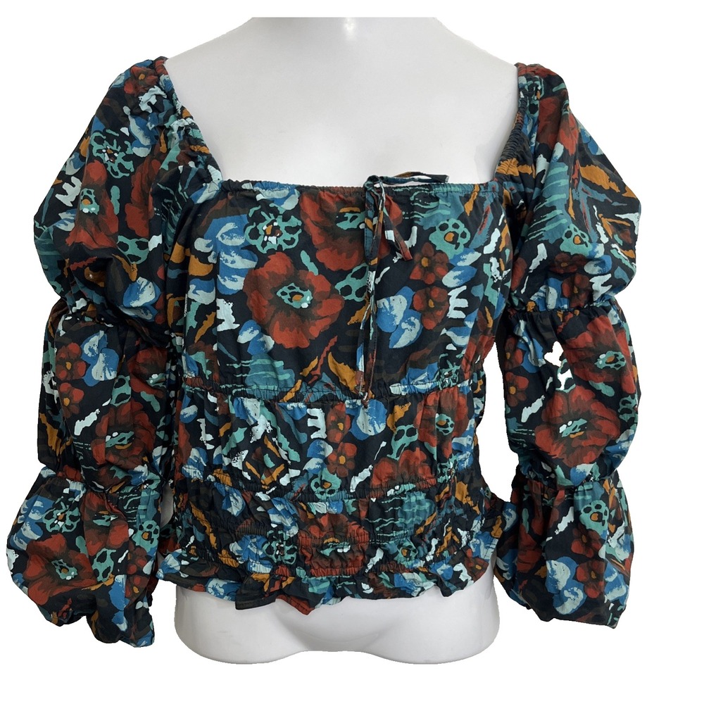 Anthopologie Porridge Clothing Women's Puff Sleeve Top Size L Ruched Peasant Y2K